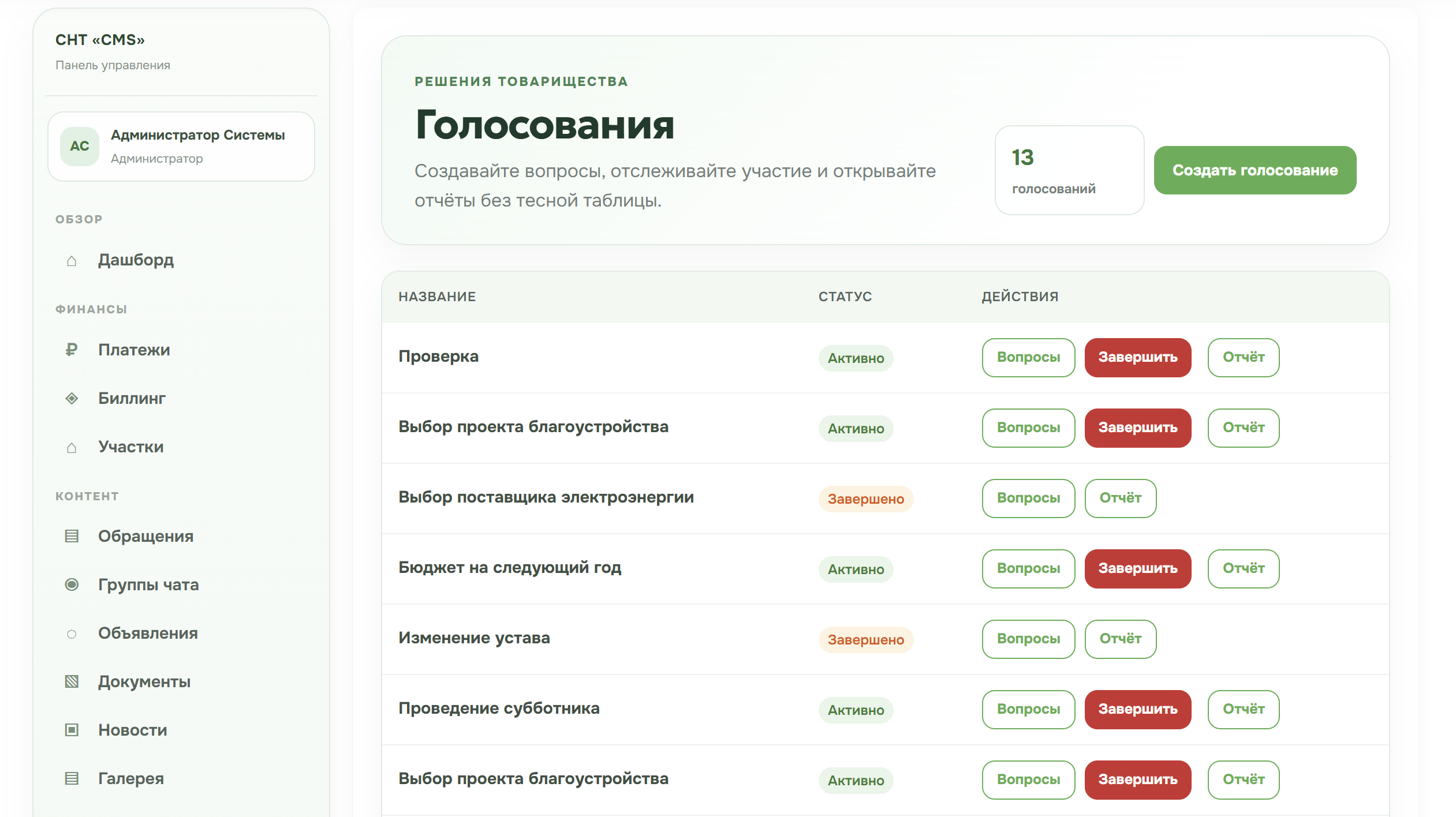 Скриншот модуля CMS-SNT: Голосования